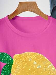 INAWLY Women's Summer Lemon Print Round Neck Short Sleeve Casual Loose T-Shirt - Hot Pink - View 3