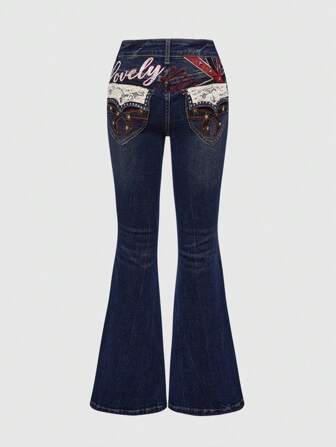 Grunge Punk Retro Y2K Queen Stil Union Jack Design Nieten Skinny Schlaghose für Musikfestivals