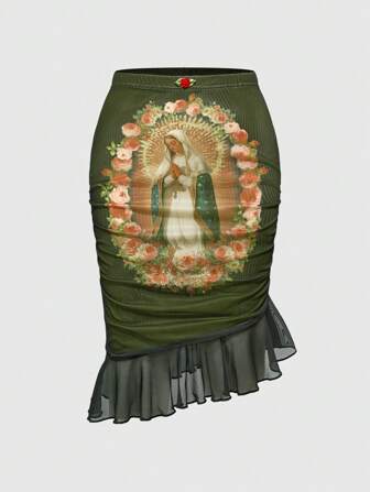 Fairycore Damen Vintage Palast Jungfrau Maria Muster Netz Midi-Rock