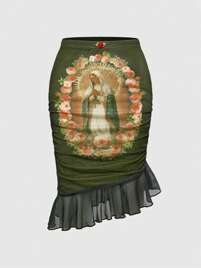 Fairycore Jupe mi-longue en maille avec imprimé vierge Marie vintage pour femme