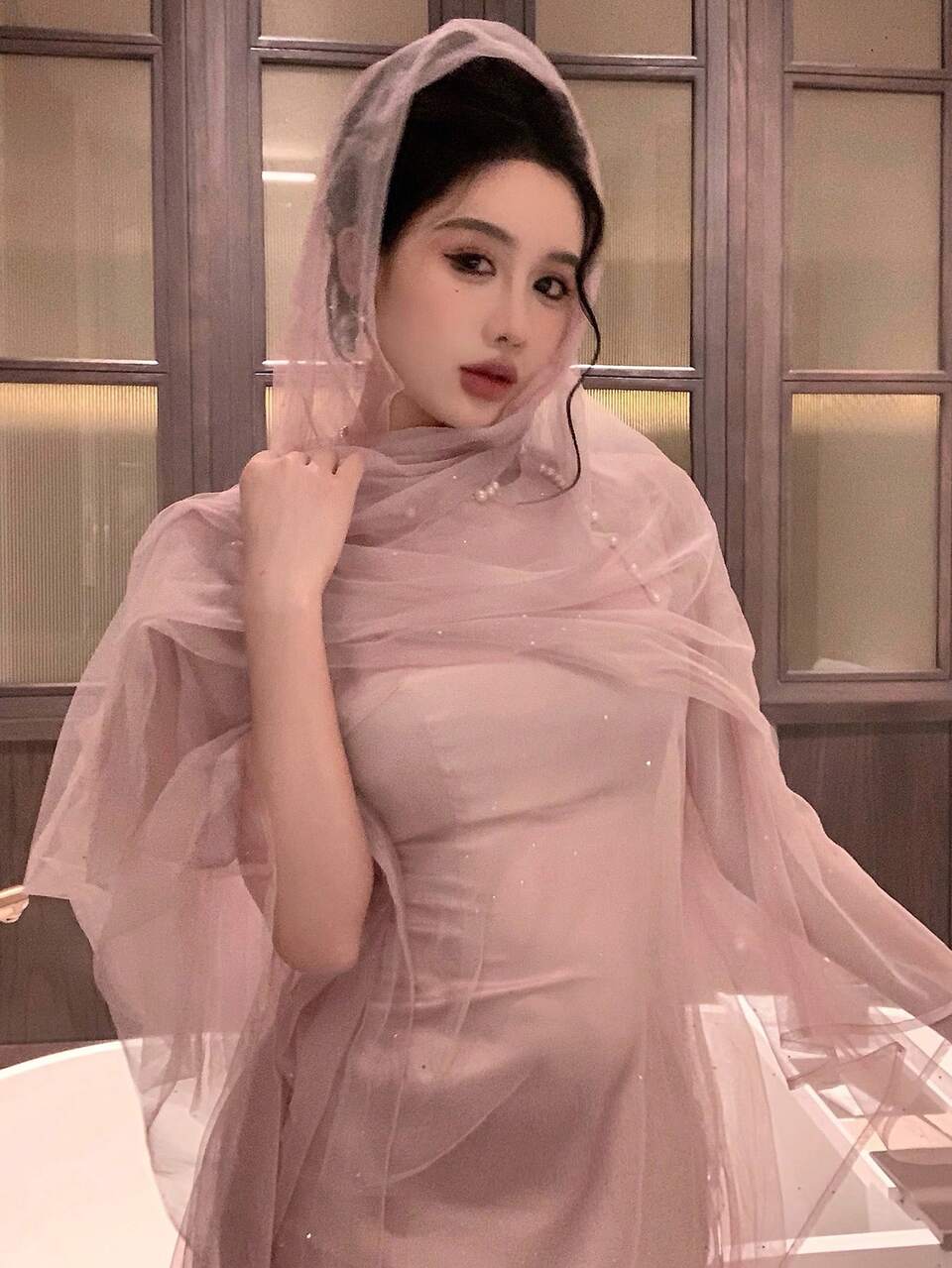 2pcs/Set Dusty Pink Elegant Mesh Cape Shawl & Satin Cami Dress,Wedding Ninang Sequin Long Dress For Wedding Party,Autumn Fall Women Clothes Prom Dress