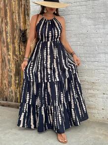 SHEIN VCAY Plus Size Women Black Tie Dye Long Dress,Backless Waist Tied A-Line Hem Summer Boho Flowy Sundress,Vacation Holiday Music Festival Beach Outfits - Black - View 3