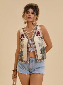 Travachic Plus-size dames casual tropische plant handgetekende lijnprint strikbaar los vest