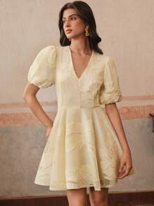 Anewsta Elegant Heavy Lace Floral Peplum Waist Short Dress, Boho Style, Spring/Summer - Apricot - View 5