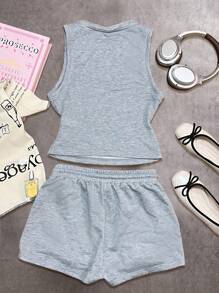 SHEIN EZwear 2 件套休闲简约红色樱桃图案女式运动服、无袖短款上衣和运动裤，适合夏季、度假 - 灰色 - 查看 2