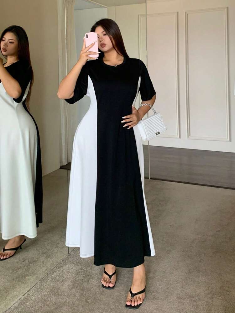 Dazy Plus Casual Color Block Patchwork Short Sleeve Straight Knitted Maxi Dress