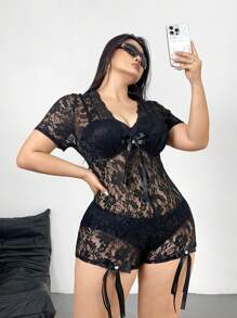 Flirla New Sexy Lace Patchwork V-Neck Short Sleeve Jumpsuit, Elastic Fabric Design Cinched Waist Shorts For Women, Bow Decor Sweet Punk Style - Black - View 6