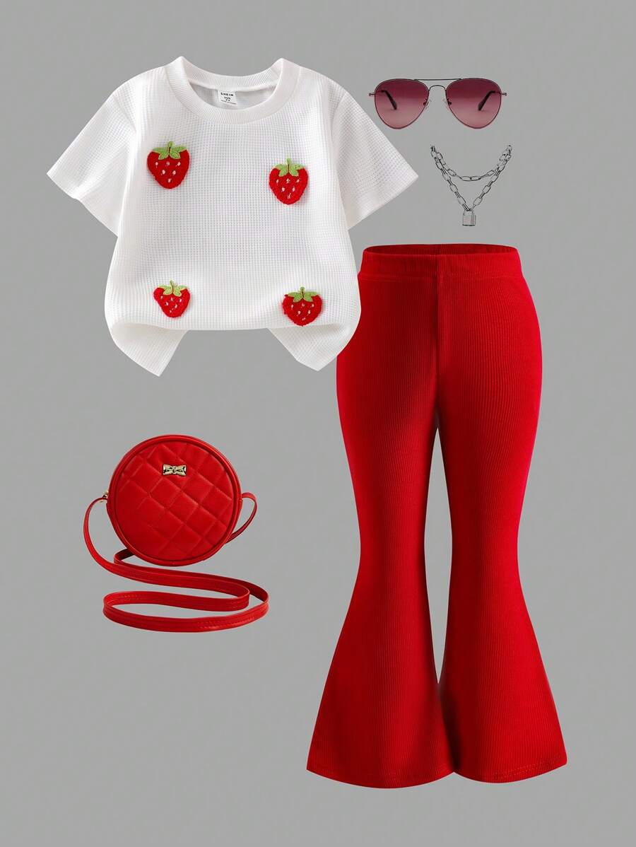 Young Girl Sweet Cute Waffle Texture Strawberry Knit Sweater Top And Pink Flare Pants Set, Suitable For Spring/Autumn Outings