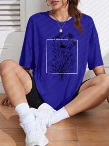 INAWLY Women's Floral Print Casual Loose Round Neck Drop Shoulder T-Shirt, Summer - Royal Blue - View 4