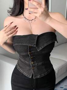 DAZY 性感修身辣妹风斜襟拼接露肩牛仔短款上衣，女款，返校季必备抹胸上衣 - 淺色水洗藍 - 查看 2