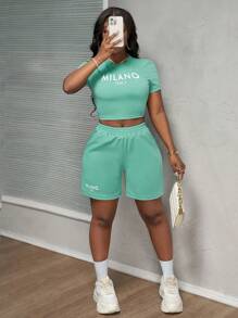 Slaydiva Nieuwe casual en eenvoudige basis lente en zomer ronde hals korte mouwen milano cropped t-shirt + kwart broek joggingbroek blauwe textuur stof dames tweedelige set-A
