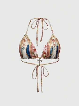 Fairycore Top corto con estampado de la Madre Santa del Ángel, de estilo sexy y de palacio, con escote de halter y espalda descubierta