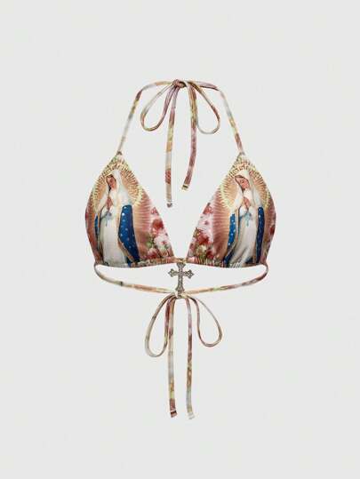 Fairycore Top corto con stampa della Madre Santa Angelica, schiena scoperta, stile seducente e regale