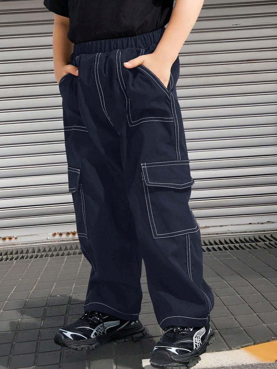 SHEIN 1 件装年轻男孩休闲宽松直筒平纹梭织裤，街头风格 - 藏蓝色 - 查看 1