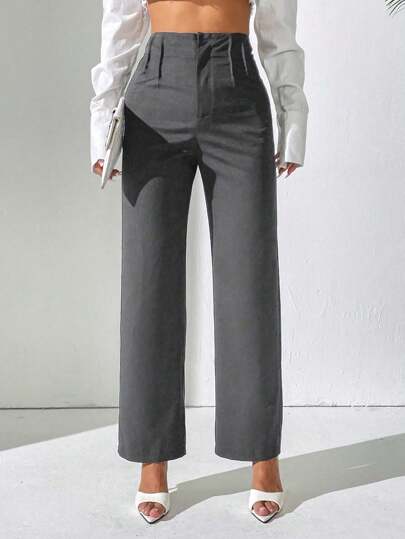 SHEIN PETITE Pantalones largos holgados de unicolor con cintura alta, pliegues y corte recto, para uso casual y oficina