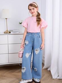 DENIMLY Tween Girl 休闲街头 Y2K 风格可爱心形刺绣和破洞阔腿牛仔裤，松紧腰带和实用口袋，浅水洗蓝色，女孩日常必备时尚单品