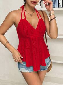 Breezaya Áo hai dây cổ yếm thiết kế khoét rỗng thời trang dành cho nữ - Đỏ - Xem 5