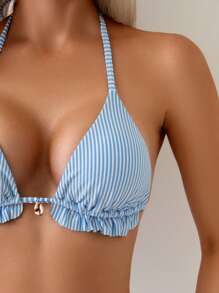 Swim Basics 2 件女式条纹荷叶边 V 领露背系带短款上衣和侧系带三角下装泳衣套装，简约可爱 - 藍白色 - 查看 4