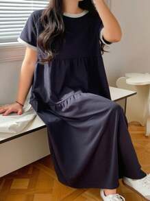 Dazy Plus Contrast Color Block Round Neck Short Sleeve Loose Fit Ankle Length Knitted Dress, Summer Women Plus Black Dress,Casual Women Dresses