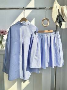 Comfortcana Set casual da donna taglie forti composto da camicia a maniche lunghe con spalle scoperte in patchwork a quadri e righe e minigonna plissettata in 2 pezzi