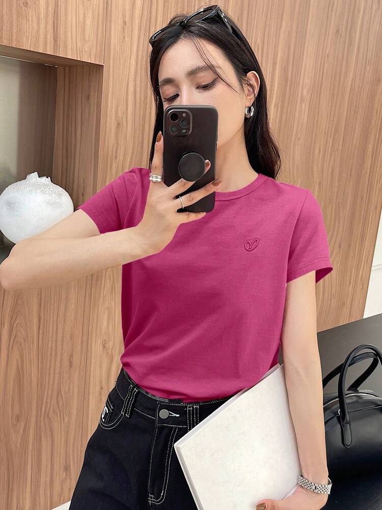 Casual Loose Summer Solid Color Embroidered Heart Short Sleeve Women T-Shirt
