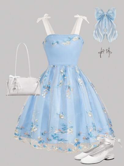 Vestido de tirantes para niña con decoración de lazo 3D, con malla bordada, conjunto de verano elegante para fiesta del té y vacaciones