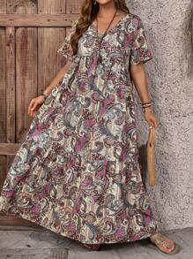 EMERY ROSE Vestido largo holgado casual con cuello en V y estampado de plantas para tallas grandes, look casual campestre para vacaciones, sencillo y de moda para uso diario, blusas de verano para mujer, conjuntos de verano para mujer