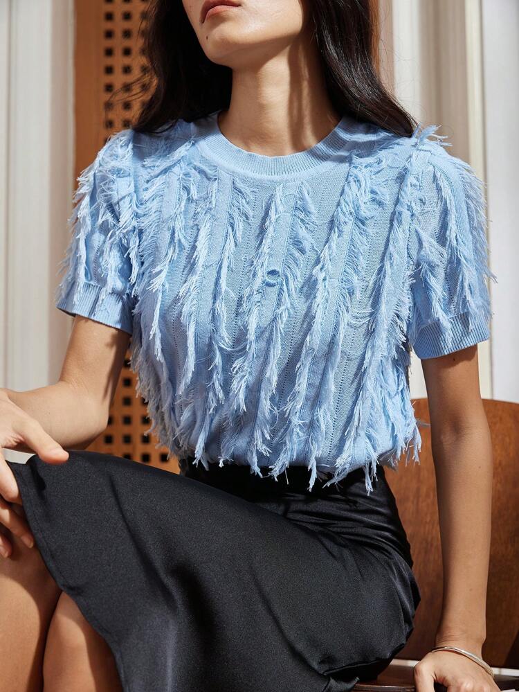 Women's Elegant Fringes Decor Business Casual Short Sleeve Knitted Sweater Top, Summer, Teacher