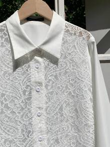 Comfortcana Áo cánh tay dài, cài một hàng khuy, cổ tay dài, thêu ren hạt điều cho nữ - trắng - Xem 4