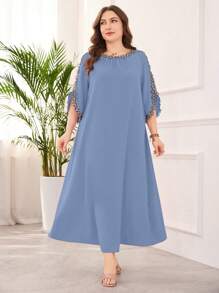 Lacomfia Elegant Embroidered Decor Plus Size Dress - Blue - View 3