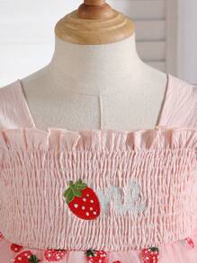 SHEIN Glamorique Kids Baby Girls Summer Sweet Strawberry Embroidered Cap Sleeve Mesh Dress, Suitable For Festivals, Gatherings, Parties, Birthdays, Vacations
