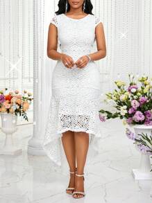 SHEIN Lady Robe mi-mollet élégante à ourlet asymétrique en dentelle florale pour femmes - Blanc - Voir 7