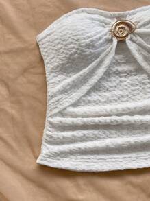 Soleia 女士度假白色针织纹理面料紧身胸衣上衣，带金属贝壳扣装饰，合身褶饰短款时尚上衣，适合派对、约会、下午茶、海滨、夏季、波西米亚风