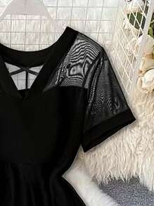 DreamSkyne 大码女式高低下摆撞色网眼短袖优雅连衣裙