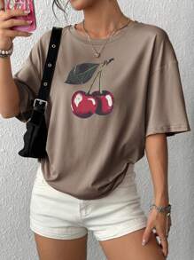 女式夏季樱桃印花休闲宽松圆领落肩T恤 - 卡其色 - 查看 3