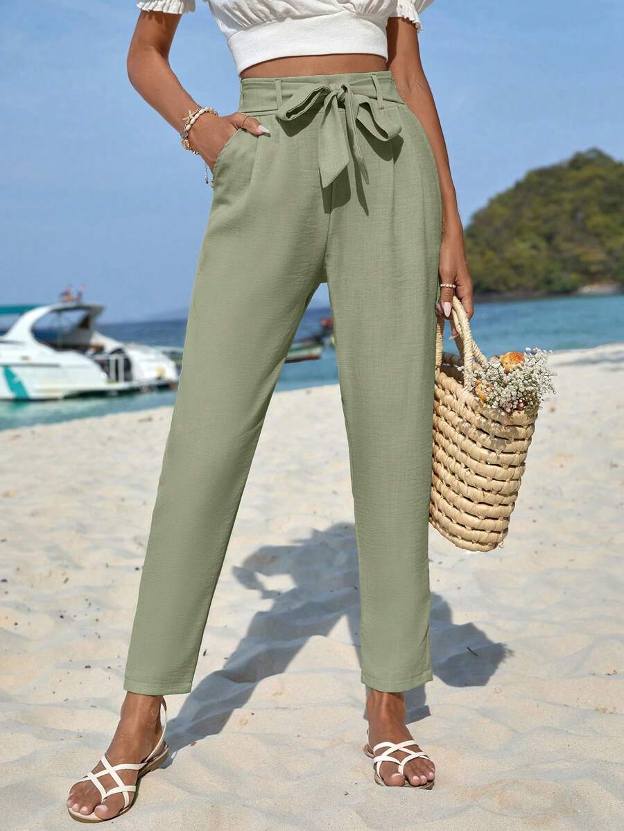 SHEIN Tall Size Casual Solid Sage Green Color Drawstring Detailed Waist Tie Long Pants Beach Vacation Summer - Mint Green - View 1