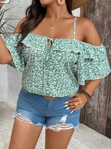 SHEIN VCAY Blusa de hombros descubiertos con volantes y estampado floral diminuto para mujer talla grande para vacaciones - Multicolor - Ver 4