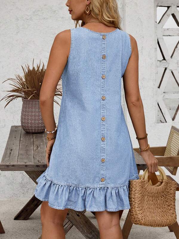EMERY ROSE Rochie de damă din denim, fără mâneci, cu guler rotund și design cu nasturi la spate
