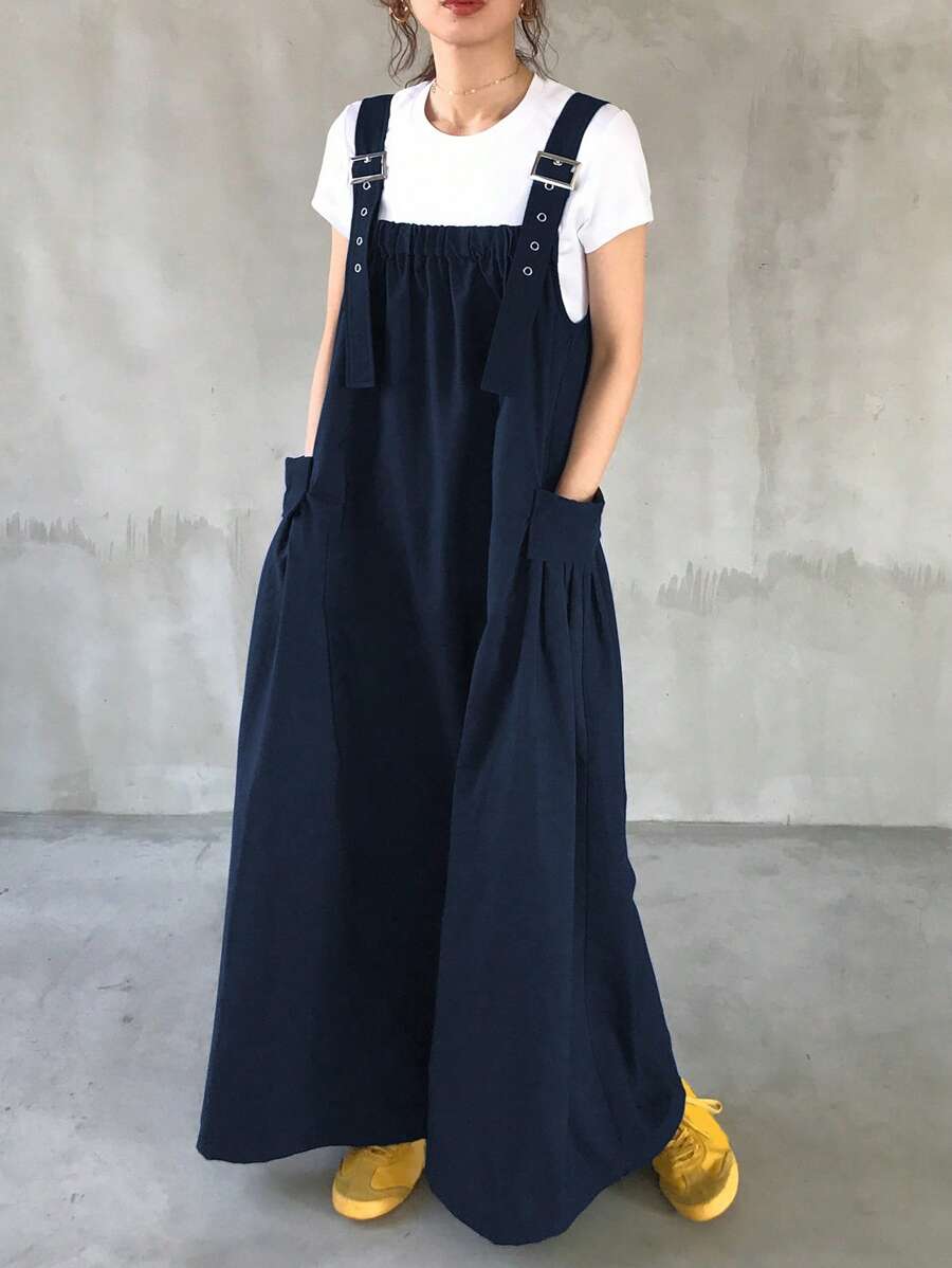 FRIFUL 女式纯色宽松双口袋超长吊带连衣裙，春夏 - 藏蓝色 - 查看 1