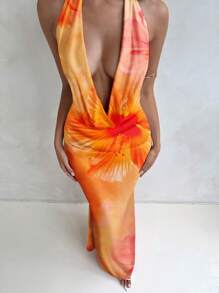 Aloruh Vestido largo con efecto tie-dye naranja, estampado de hibisco y cuello suelto y drapeado, para mujeres, adecuado para vacaciones, playa, fiestas y resorts, estilo veraniego - Multicolor - Ver 5