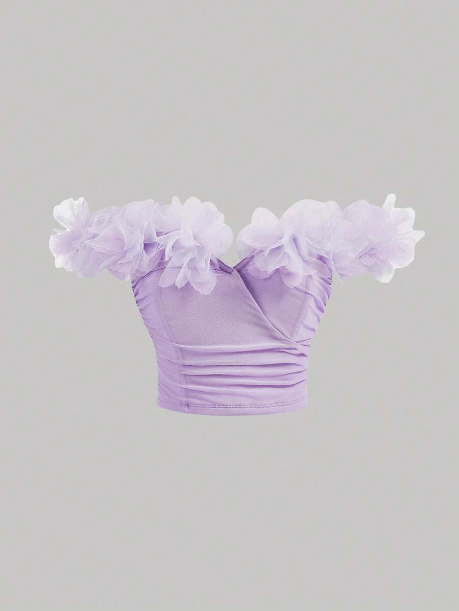 SHEIN MOD Áo trễ vai màu trơn có họa tiết hoa 3D - Màu tím Violet - Xem 1