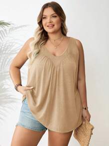 SHEIN CURVE+ 大码女式V领宽松背心，适合夏季/乡村/海滩度假 - 卡其色 - 查看 6