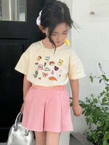 DAZY Set de 2 piezas para niñas con camiseta de punto de manga corta y cuello redondo estampada y falda de verano