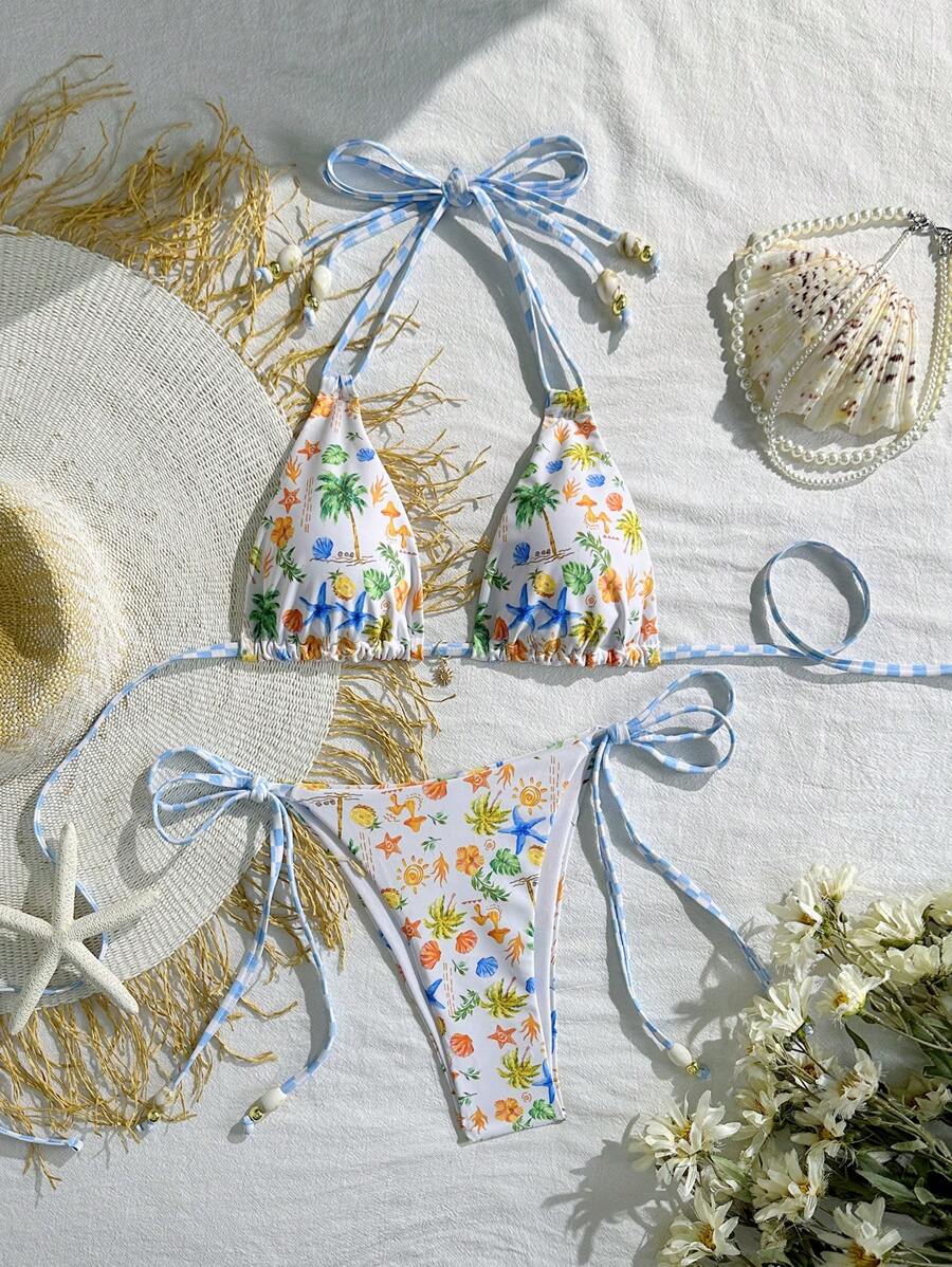 Swim Mod Women's Fashion Sexy Digital Printed Halter Bikini Top Set, Beachwear Swimwear For Summer Beach Vacation - Multicolor - View 1