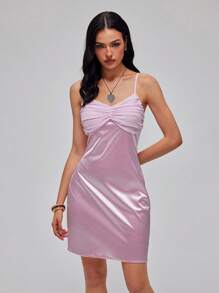 Roylia Women's Elegant Satin Slip Dress Mini Party Dress - Pink - View 3