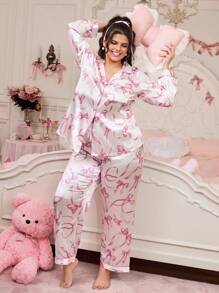 Slumberry CURVE Plus Size Women Bow Sweet Top & Pants Sleepwear Pajama Set, Fall Winter Clothes, Cozy Outfit - Multicolor - View 4