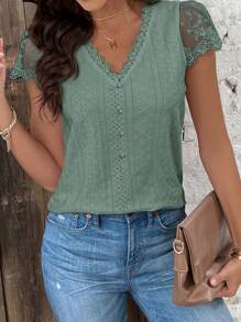 SHEIN Frenchy Women's Lace Patchwork Short Sleeve Textured Fabric Summer T-Shirt