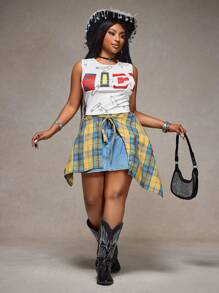 Slaydiva 2025 新款春夏大码女式时尚无袖短款字母回形针印花上衣，适合街头风格、音乐节、俱乐部、复古西部旅行、休闲度假 - 彩色 - 查看 5