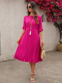 EMERY ROSE Vestido de unicolor de manga corta de largo medio para mujer, de moda para el verano - Rosa Fucsia - Ver 2