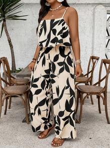 SHEIN VCAY Plus Size Women's Floral Print Ruffle Hem Wide Leg Jumpsuit